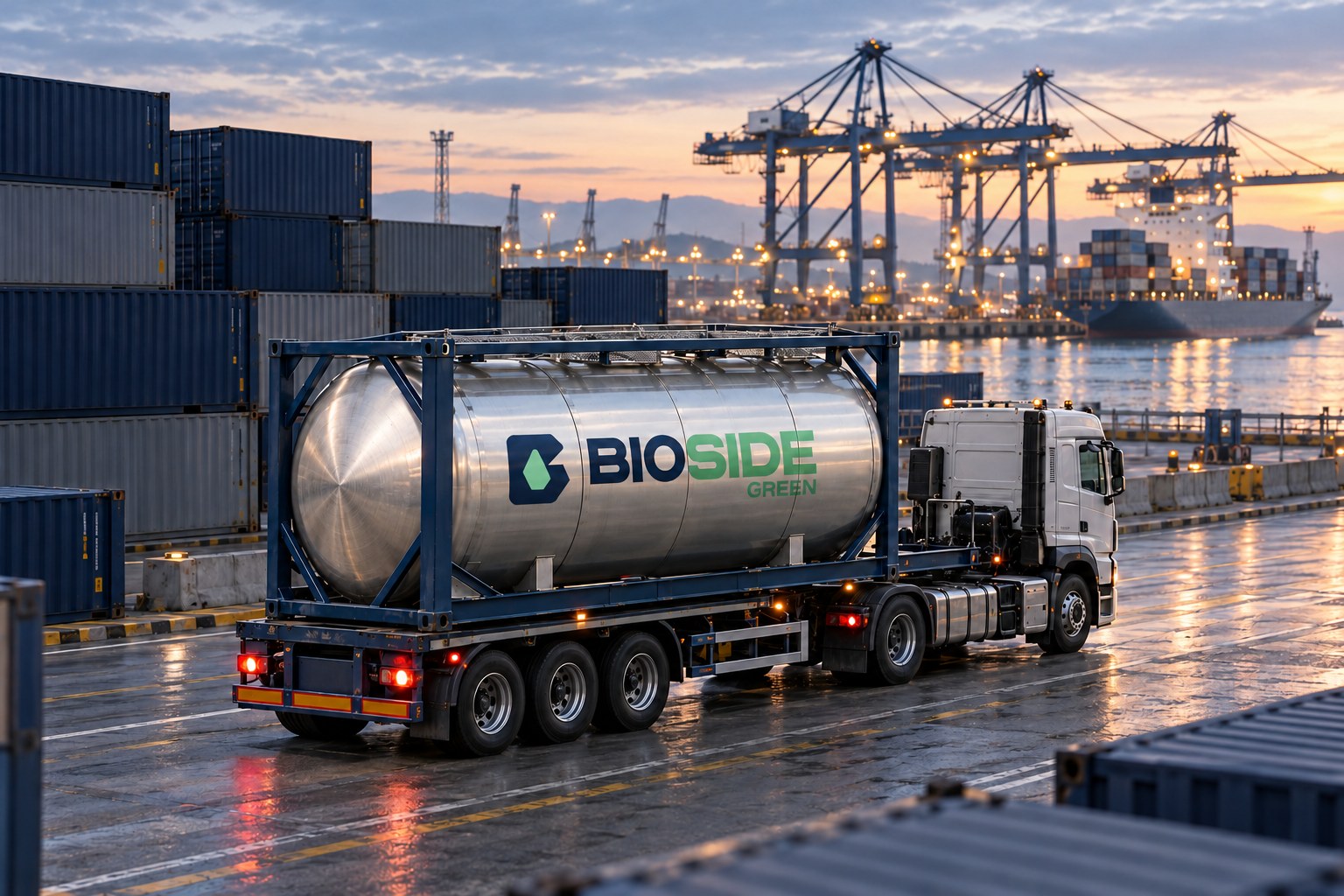 Vista ampla de terminal portuário, com isotanque prata com a marca Bioside sobre carreta.
